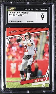 Graded Tom Brady football card from 2020 Panini Prestige Tom series CGC 9