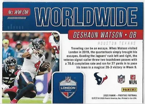Deshaun Watson football card from 2020 Panini Prestige Worldwide showcasing original gloss