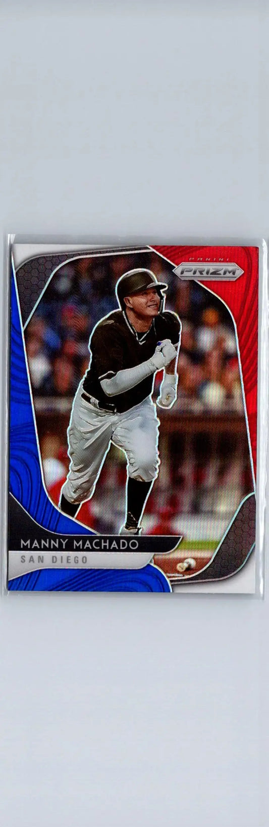 Manny Machado baseball trading card with red, white, and blue border from Panini Prizm