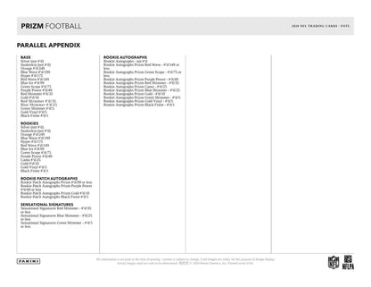 Football card parallel appendix from 2020 Panini Prizm Football FOTL Hobby Box showcasing rookie autographs prizm