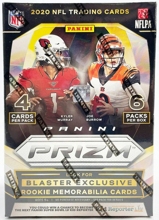 Sealed 2020 Panini Prizm NFL blaster box with Disco Prizms, Blue Prizm, and Prizm Parallels featuring Kyler Murray and Joe Burrow