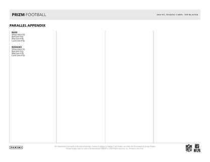 Trading card parallel appendix with lazer prizms and blue prizm parallels in 2020 Panini Prizm Football