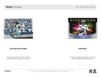Football trading cards featuring Lazer Prizms, Blue Prizm, and Prizm Parallels from 2020 Panini Prizm Blaster Box