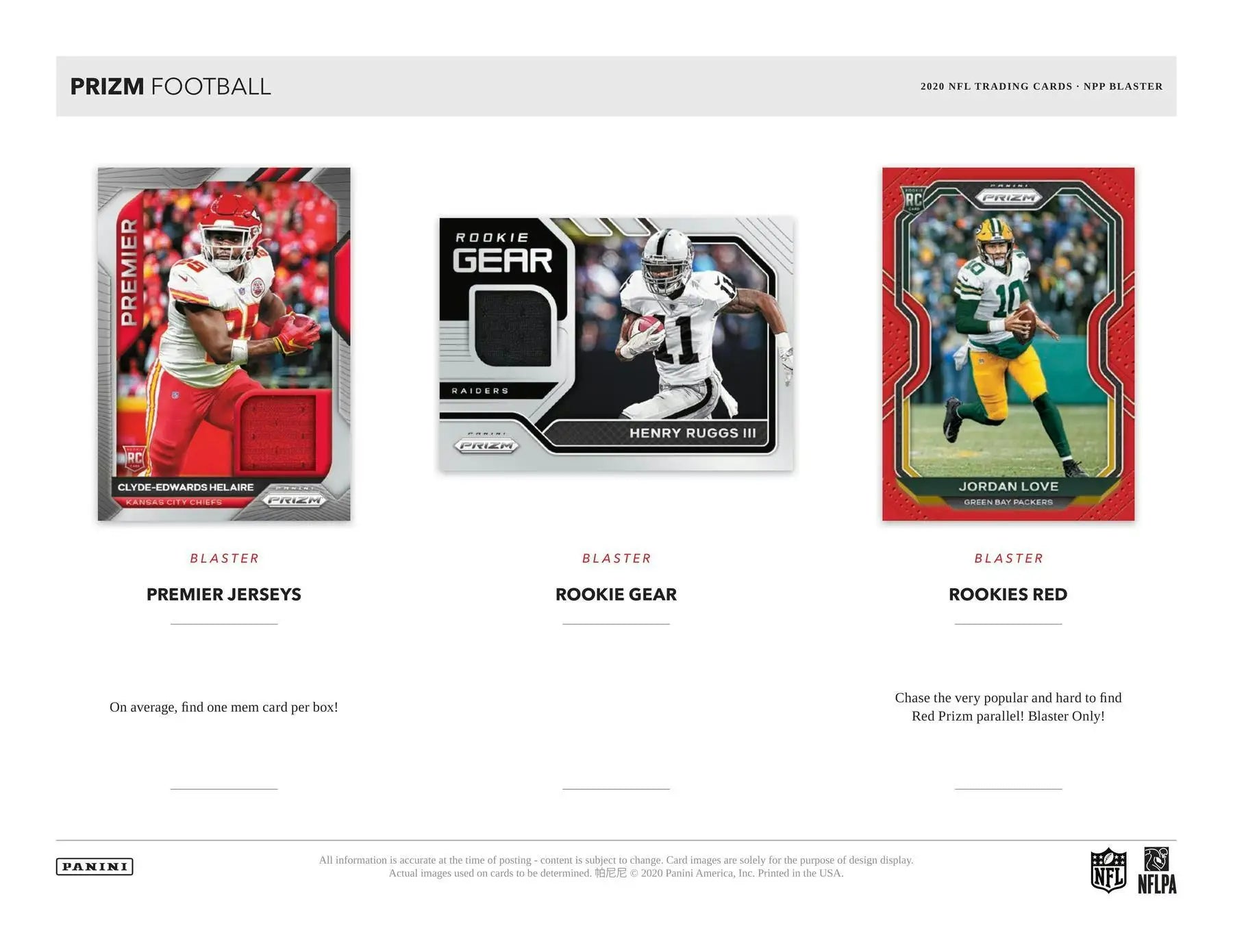 Football trading cards featuring Lazer Prizms, Blue Prizm, and Prizm Parallels from 2020 Panini Prizm Blaster Box