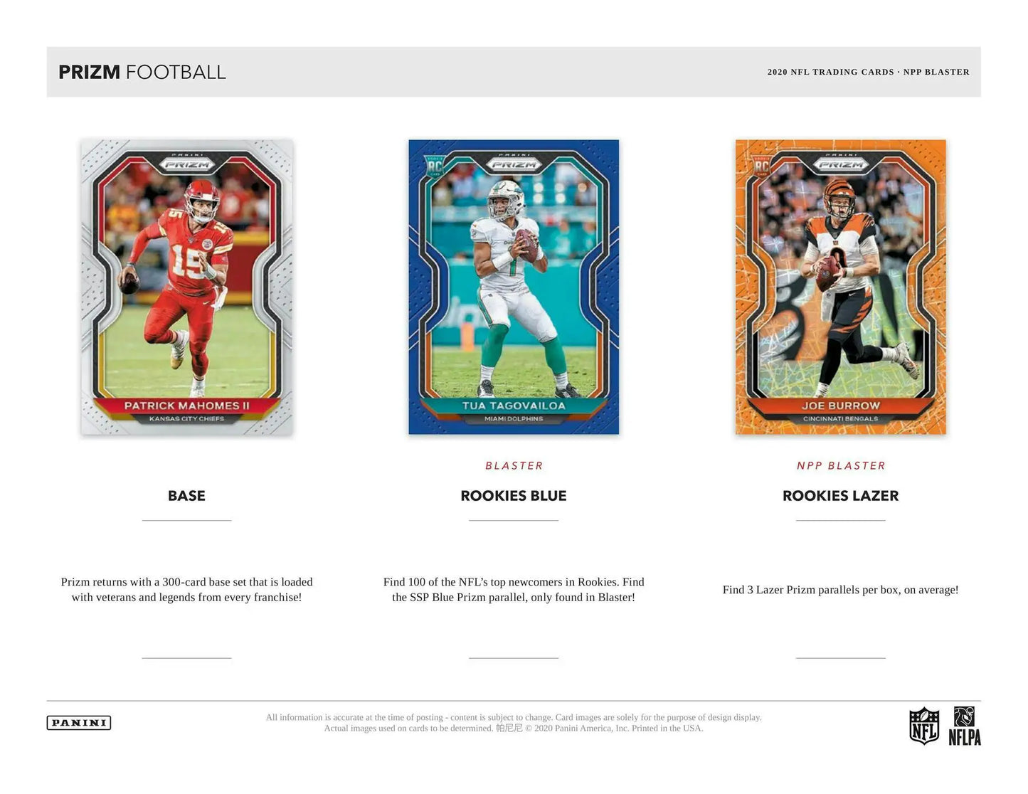 Football trading cards featuring Lazer Prizms, Blue Prizm, and Prizm Parallels from 2020 Panini Prizm Blaster Box