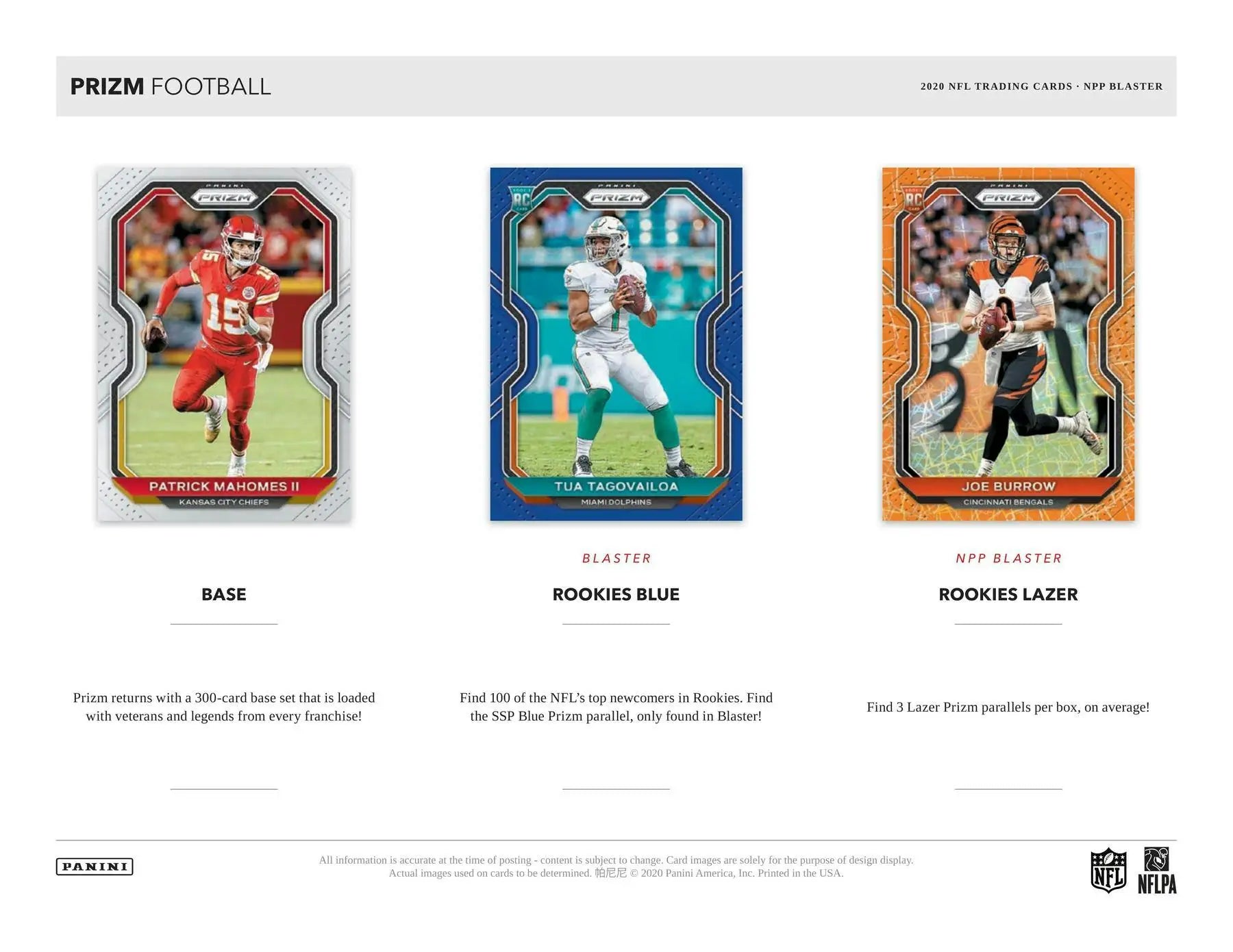 Football trading cards featuring Lazer Prizms, Blue Prizm, and Prizm Parallels from 2020 Panini Prizm Blaster Box