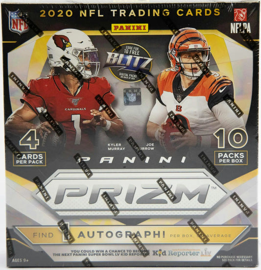 2020 NFL Prizm trading card box featuring Neon Green Pulsar Prizms in Panini Prizm Football Mega Box