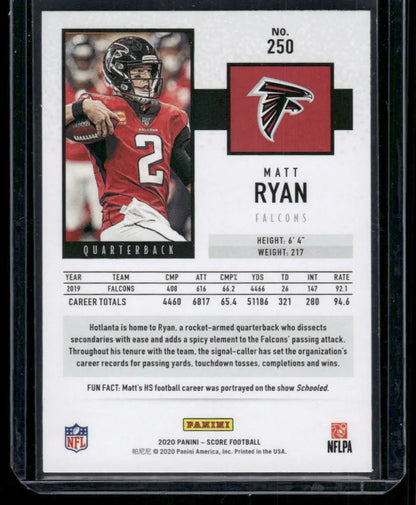 2020 Panini Score Matt Ryan football trading card featuring Panini Score Matt Ryan #250
