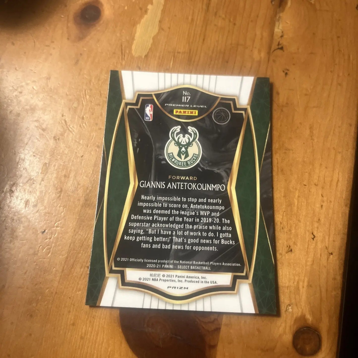 Giannis Antetokounmpo basketball card from 2020 Panini Select Premier Green White Purple