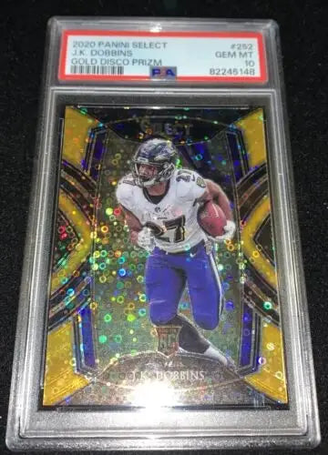 Graded J.K. Dobbins football card 2020 Panini Select Gold Disco Prizm #2/10 PSA 10