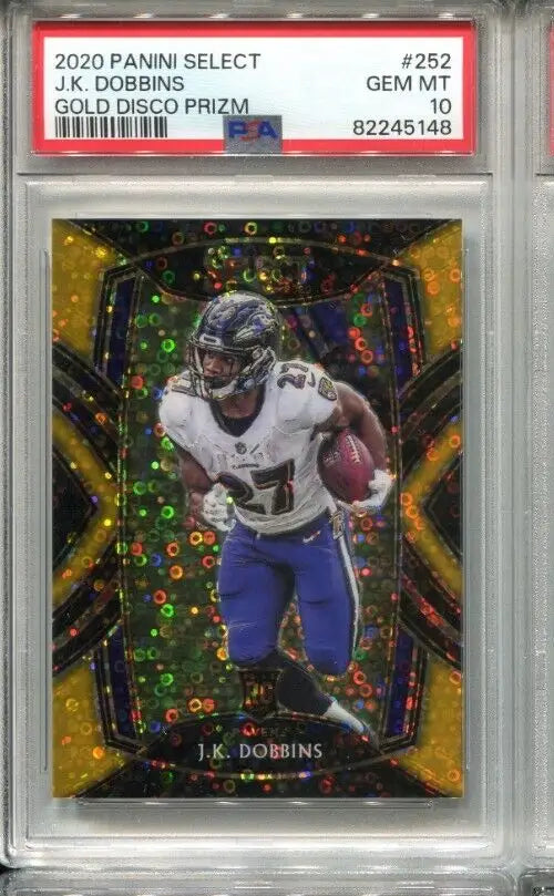Graded J.K. Dobbins football card 2020 Panini Select Gold Disco Prizm PSA 10 #2/10
