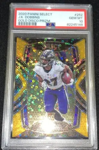Graded 2020 Panini Select JK Dobbins RC #252 Gold Disco Prizm #2/10 PSA 10 football card