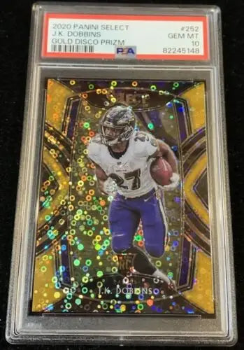 Graded J.K. Dobbins football card, 2020 Panini Select Gold Disco Prizm #2/10 PSA 10