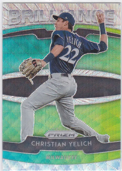 Baseball card of Christian Yelich Brillance Blue Wave, Milwaukee Brewers pitcher in action