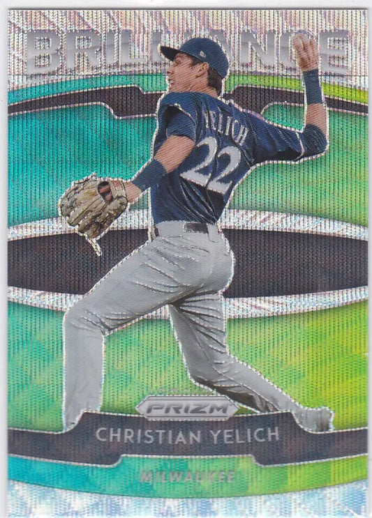 Baseball card of Christian Yelich Brillance Blue Wave, Milwaukee Brewers pitcher in action