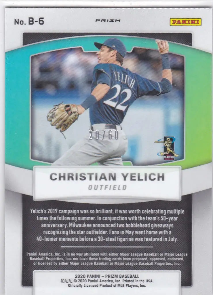 Baseball card of Christian Yelich Brillance Blue Wave 20/60 for Milwaukee Brewers
