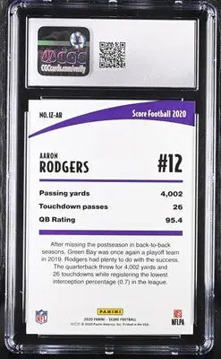 2020 Score Aaron Rodgers football card in the Zone CGC 10 highlighting score aaron rodgers