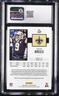 Drew Brees football card from 2020 Score Gold Drew series with gold football theme
