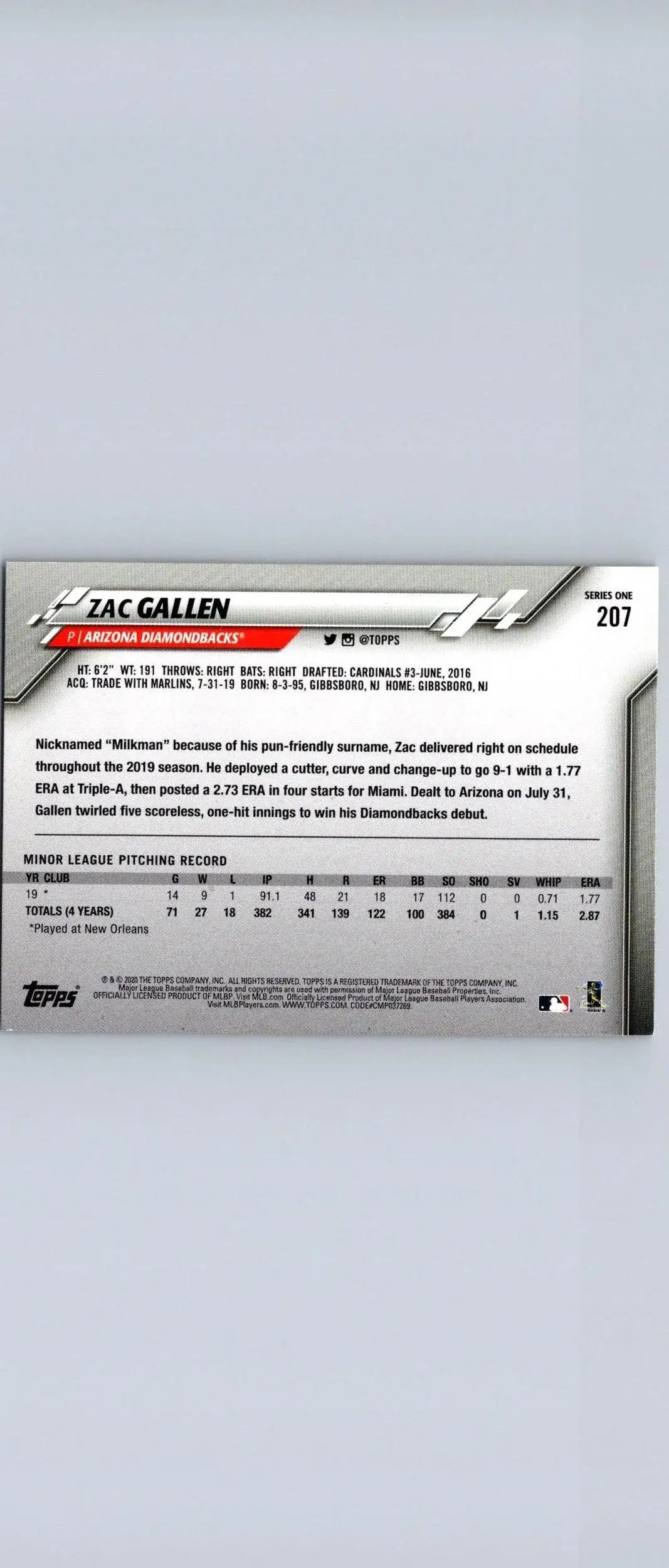 Back of 2020 Topps #207 Zac Gallen baseball card showcasing player stats and info