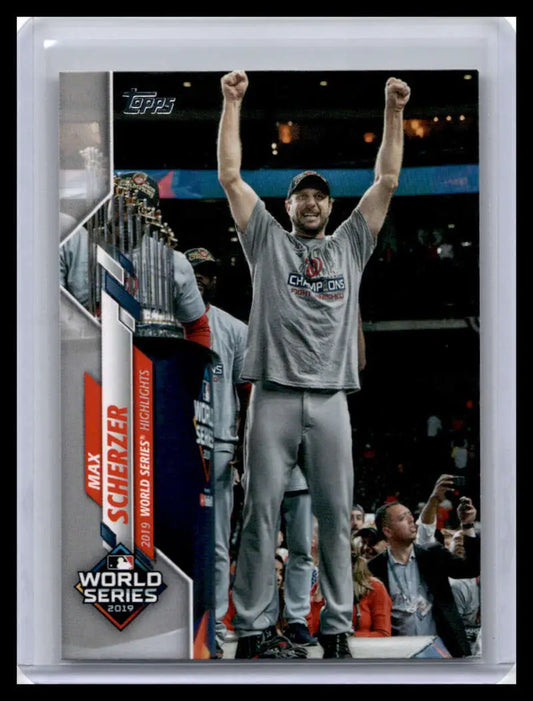 Baseball card of Max Scherzer celebrating for the Washington Nationals in the World Series