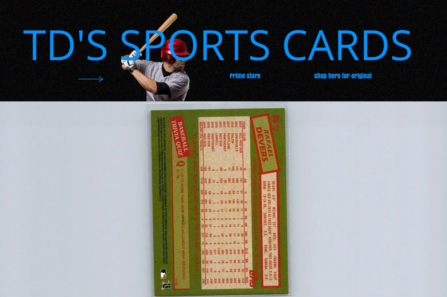 Baseball card back for Rafael Devers 2020 Topps #85-17 1985 Topps Baseball 35th Anniversary