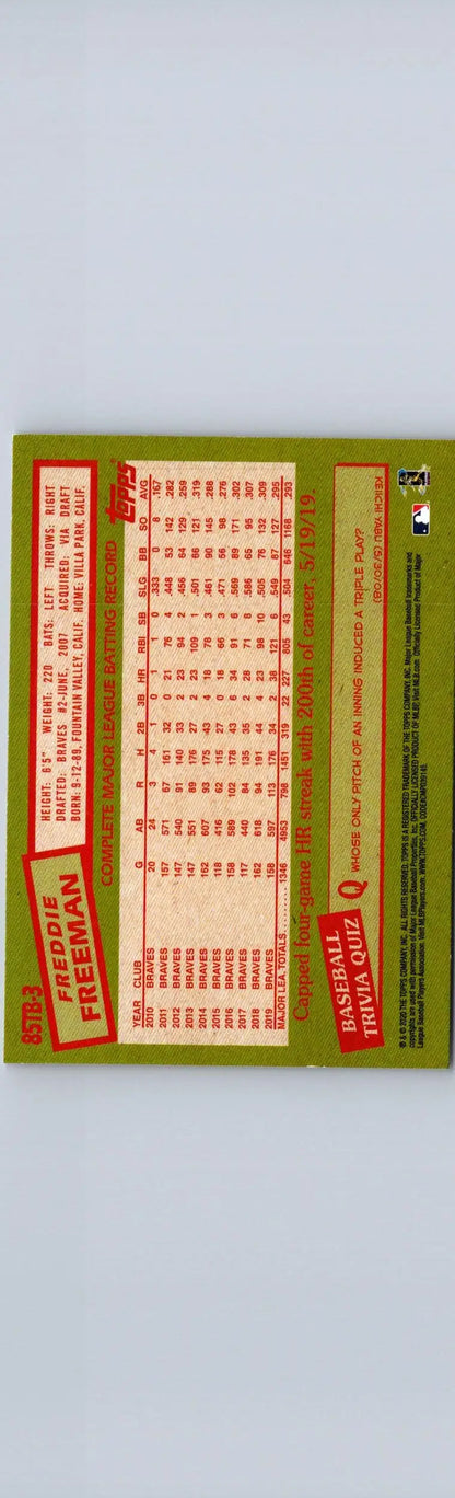 Vintage Freddie Freeman 1985 Topps Baseball 35th Anniversary card with stats and trivia