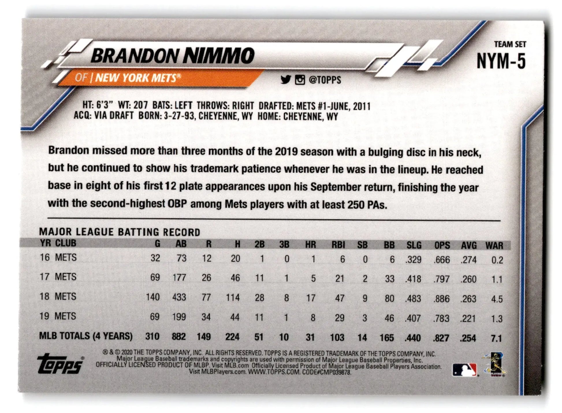 2020 Topps Baseball New York Mets Brandon Nimmo baseball card with career stats