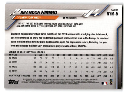 2020 Topps Baseball New York Mets Brandon Nimmo baseball card with career stats