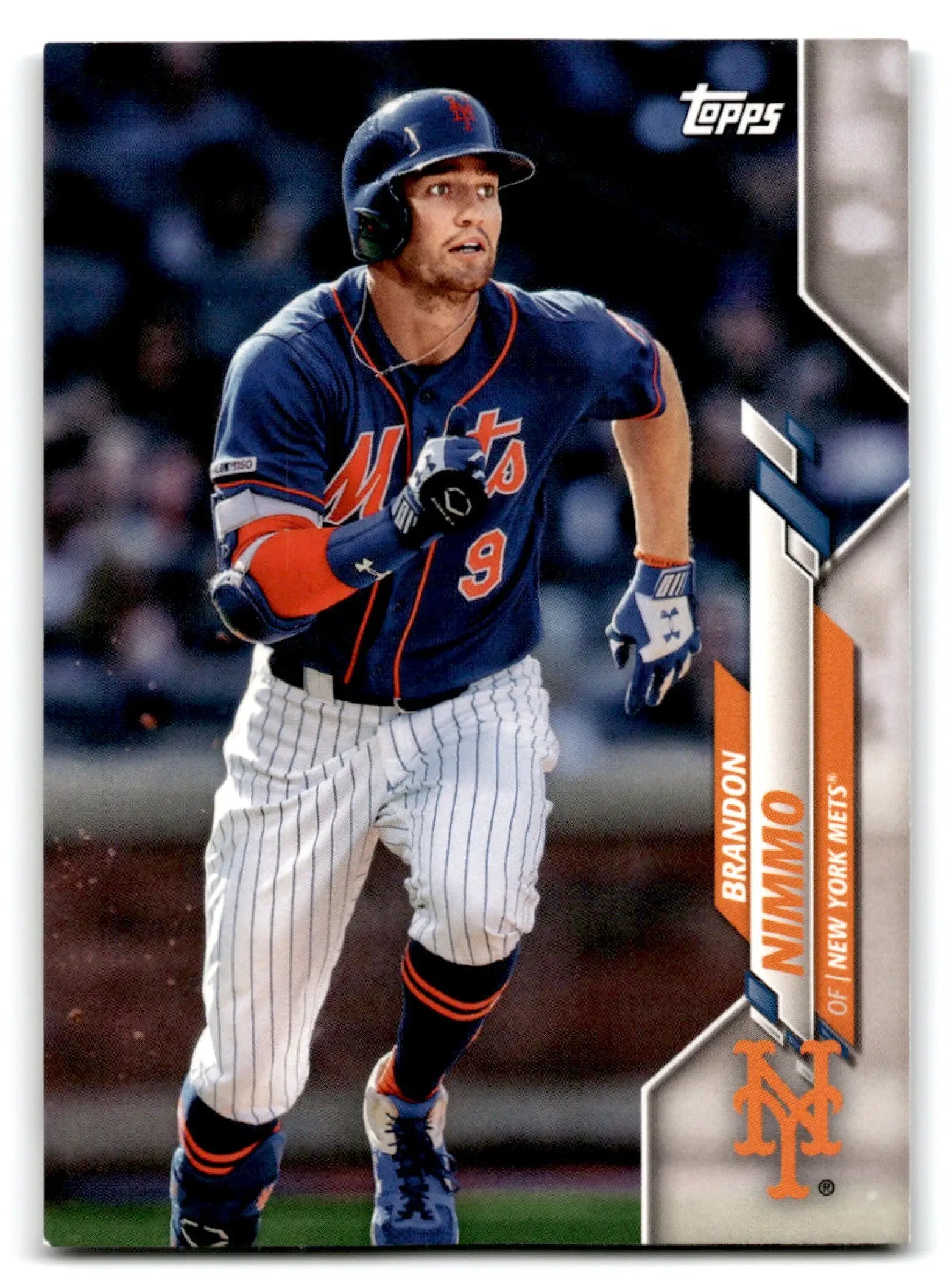Baseball trading card of Brandon Nimmo in blue Mets uniform from 2020 Topps Baseball