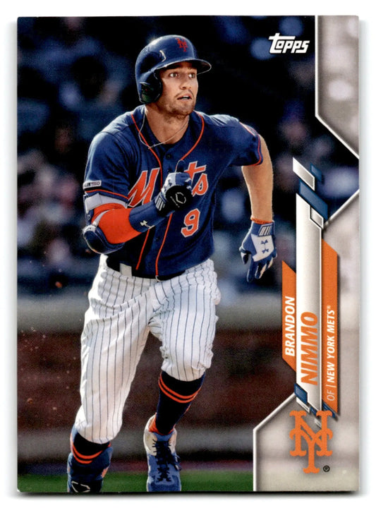 Baseball trading card of Brandon Nimmo in blue Mets uniform from 2020 Topps Baseball