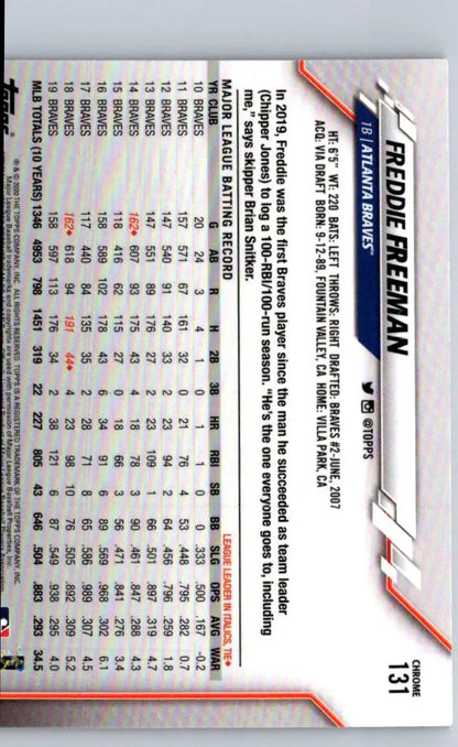 Back of 2020 Topps Chrome Freddie Freeman Refractor baseball card with stats and bio