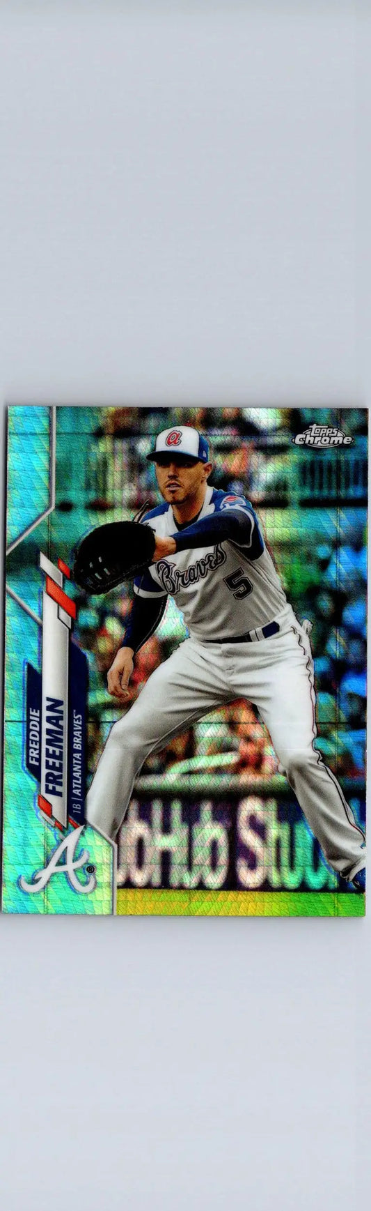 Freddie Freeman refractor baseball card from 2020 Topps Chrome with glossy teal finish