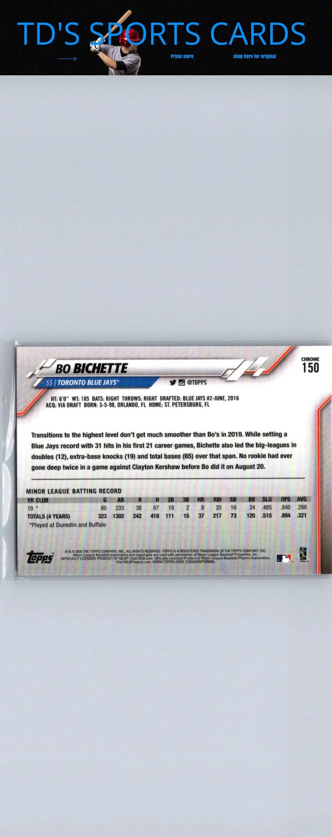 2020 Topps Chrome Bo Bichette baseball card shown in product display