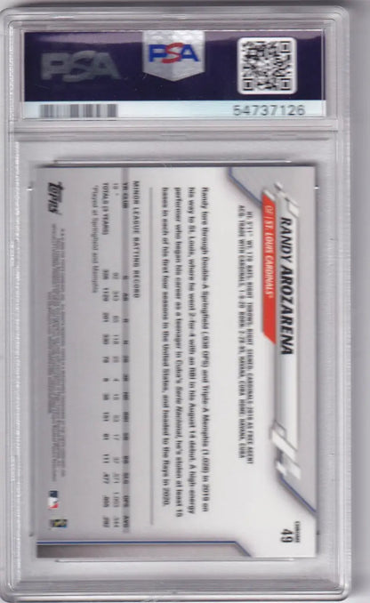Graded Randy Arozarena baseball card from 2020 Topps Chrome #49 PSA 10 St Louis Cardinals