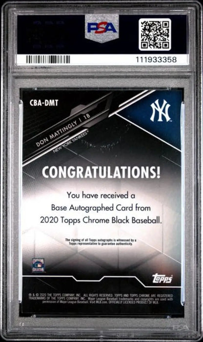 Graded Don Mattingly autographed baseball card from 2020 Topps Chrome Black series