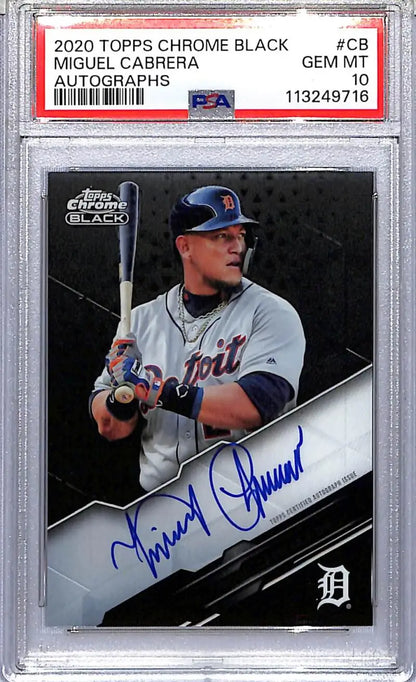 Graded Miguel Cabrera autographed baseball card from Topps Chrome Black, PSA 10 GEM MINT