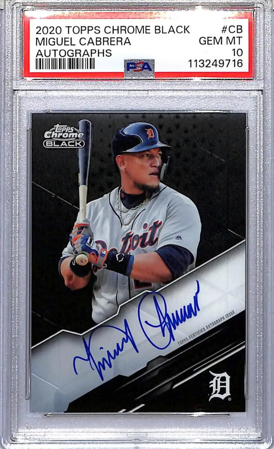 Graded Miguel Cabrera autographed baseball card from Topps Chrome Black, PSA 10 GEM MINT