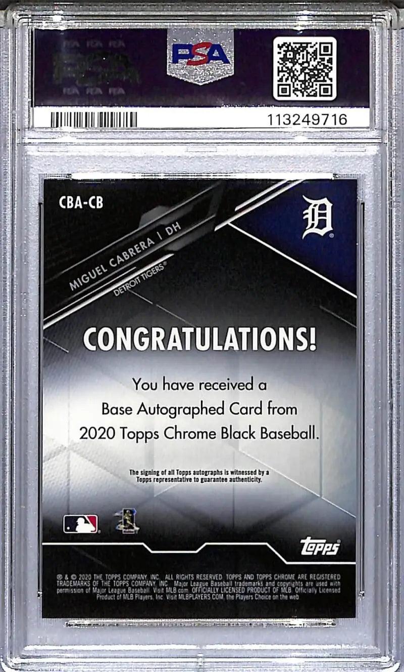Graded Miguel Cabrera autographed baseball card from 2020 Topps Chrome Black featuring PSA 10 gem mint auto