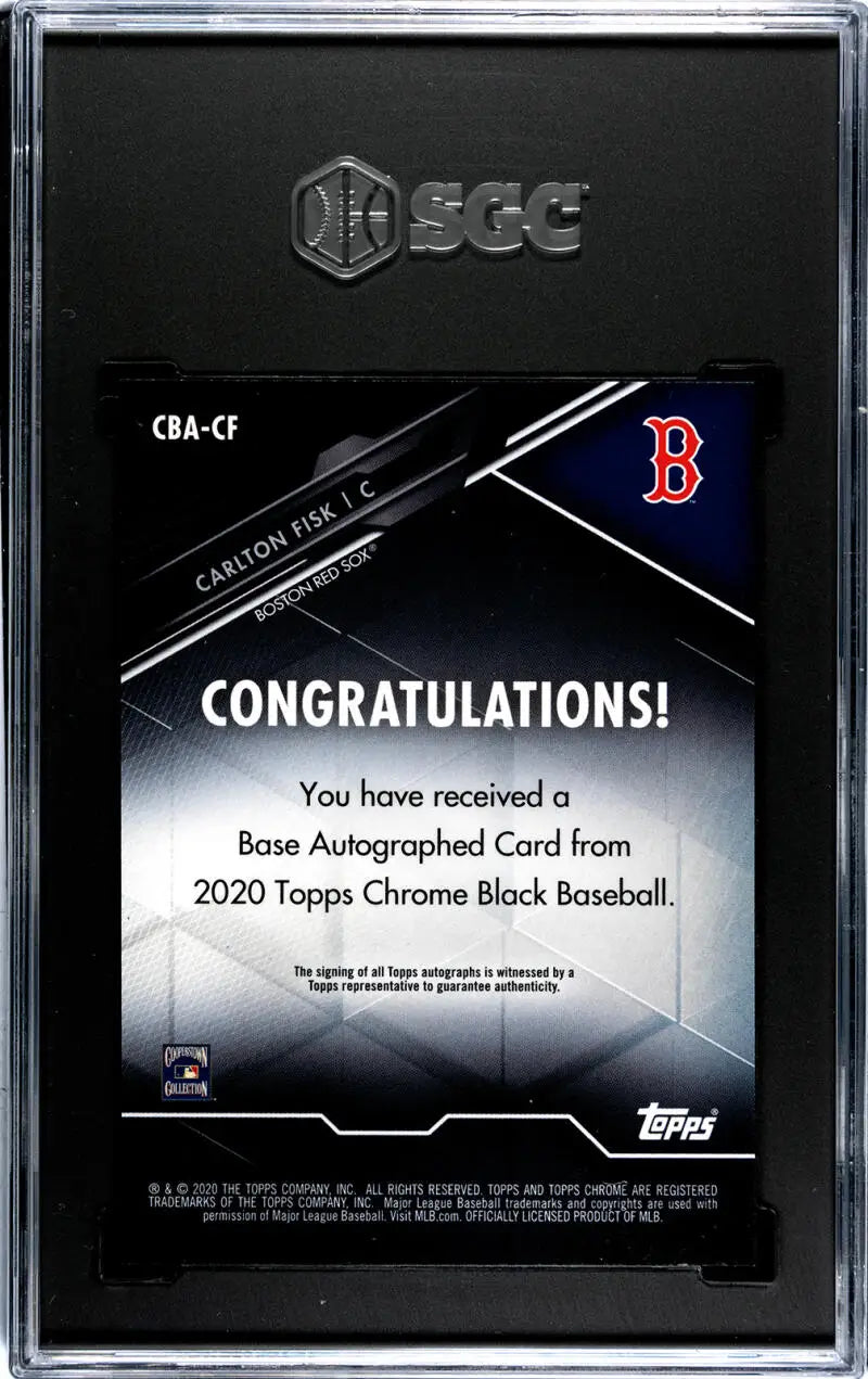 Topps Chrome Black Carlton Fisk autographed card redemption notice with Boston Red Sox logo
