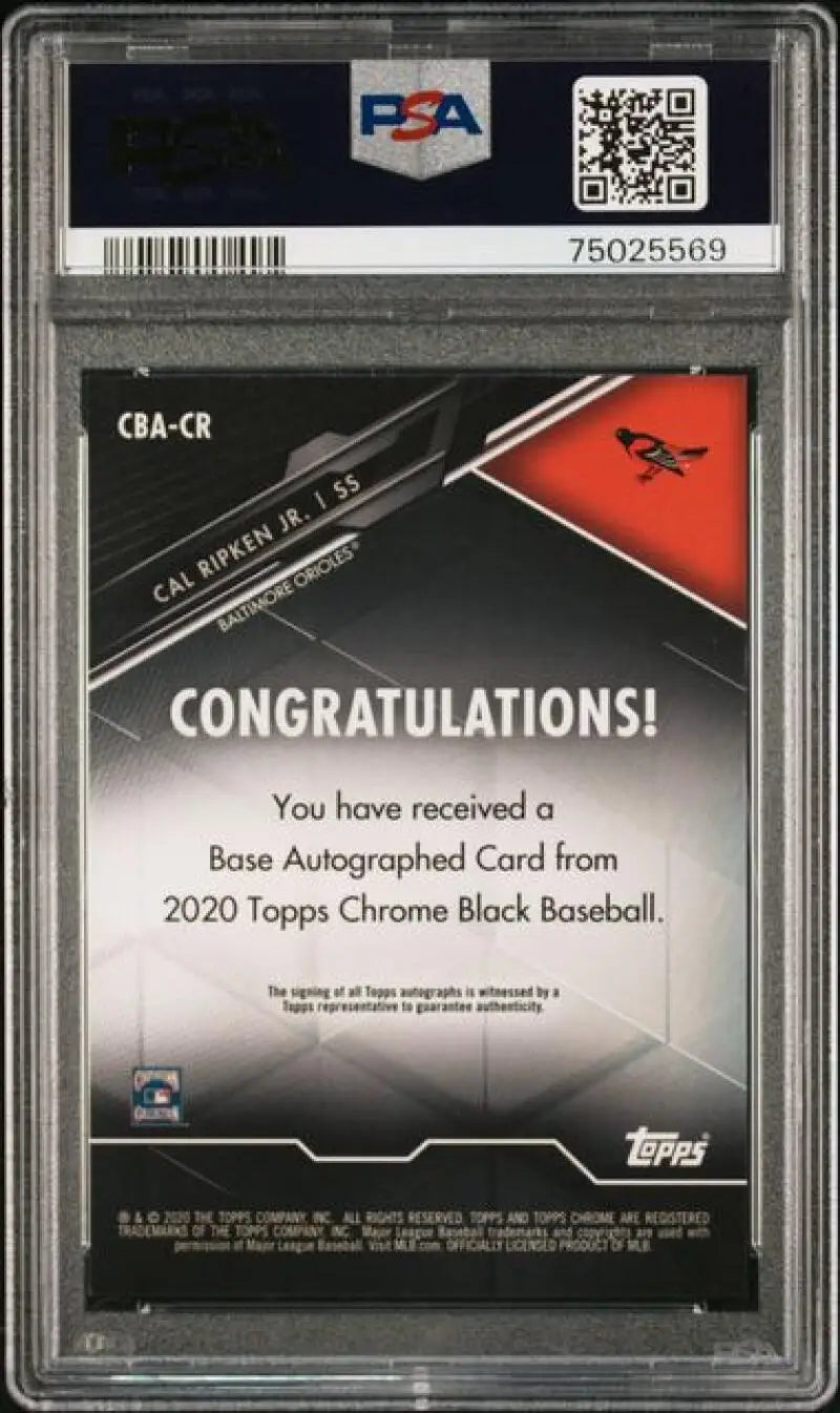 Graded Cal Ripken Jr. autographed baseball card in GEM MINT condition from 2020 Topps Chrome Black