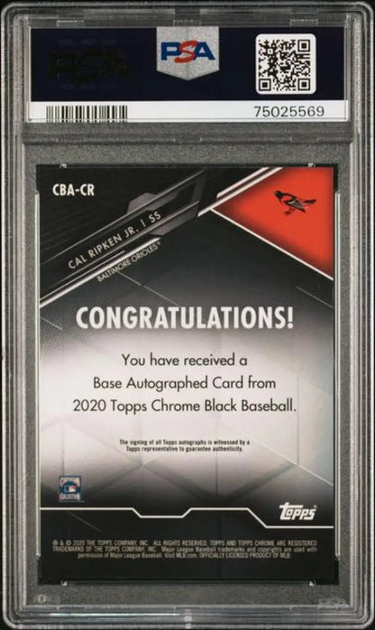 Graded Cal Ripken Jr. autographed baseball card in GEM MINT condition from 2020 Topps Chrome Black