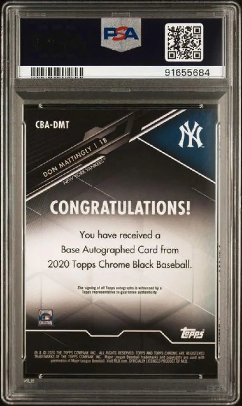 Back of 2020 Topps Chrome Black Don Mattingly autographed card in PSA 10 case