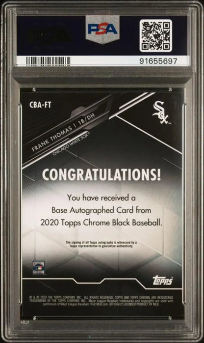PSA-graded Frank Thomas 2020 Topps Chrome Black Auto card with Congratulations message