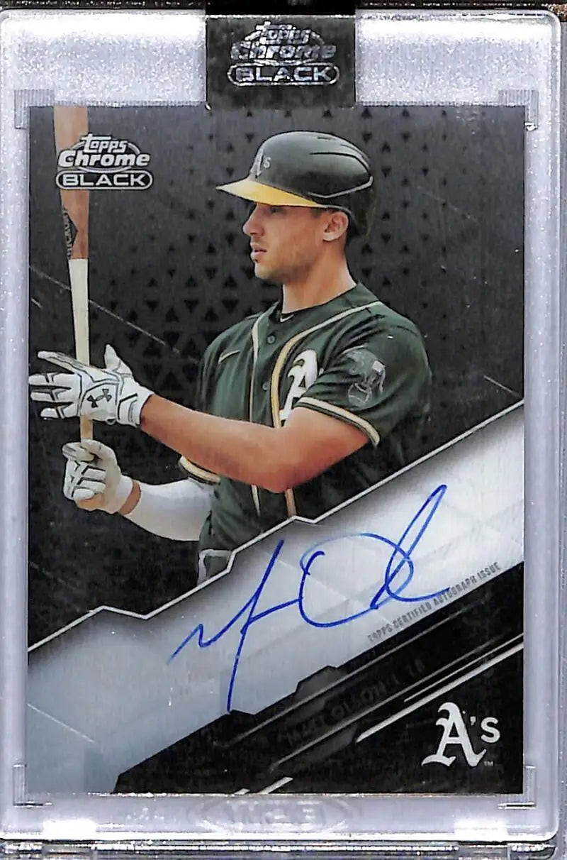 Signed Matt Olson Oakland Athletics Topps Chrome Black baseball card in green uniform