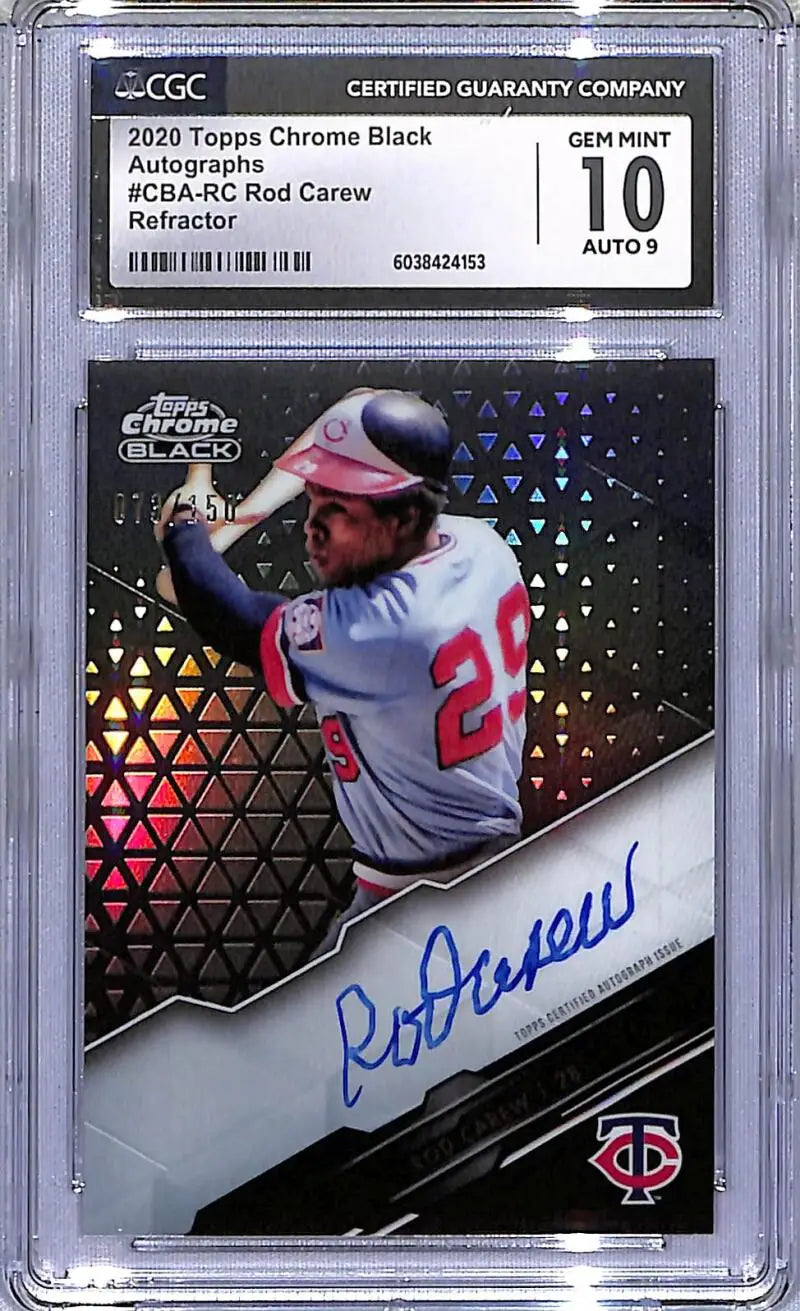 Autographed baseball card of Rod Carew from 2020 Topps Chrome Black series