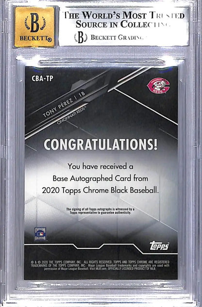 Beckett-graded 2020 Topps Chrome Black Tony Perez Cincinnati Reds autographed card