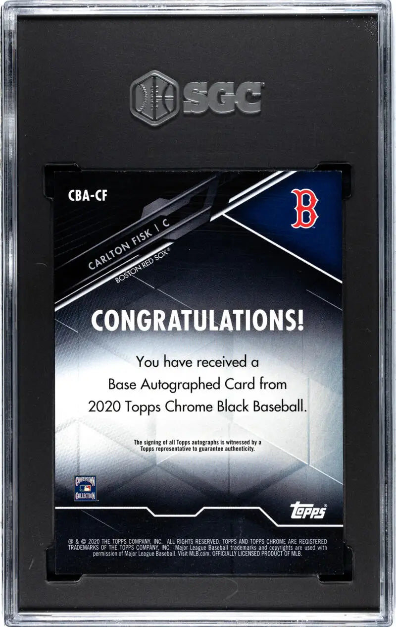 Back side of Boston Red Sox baseball card with congratulatory text in protective case