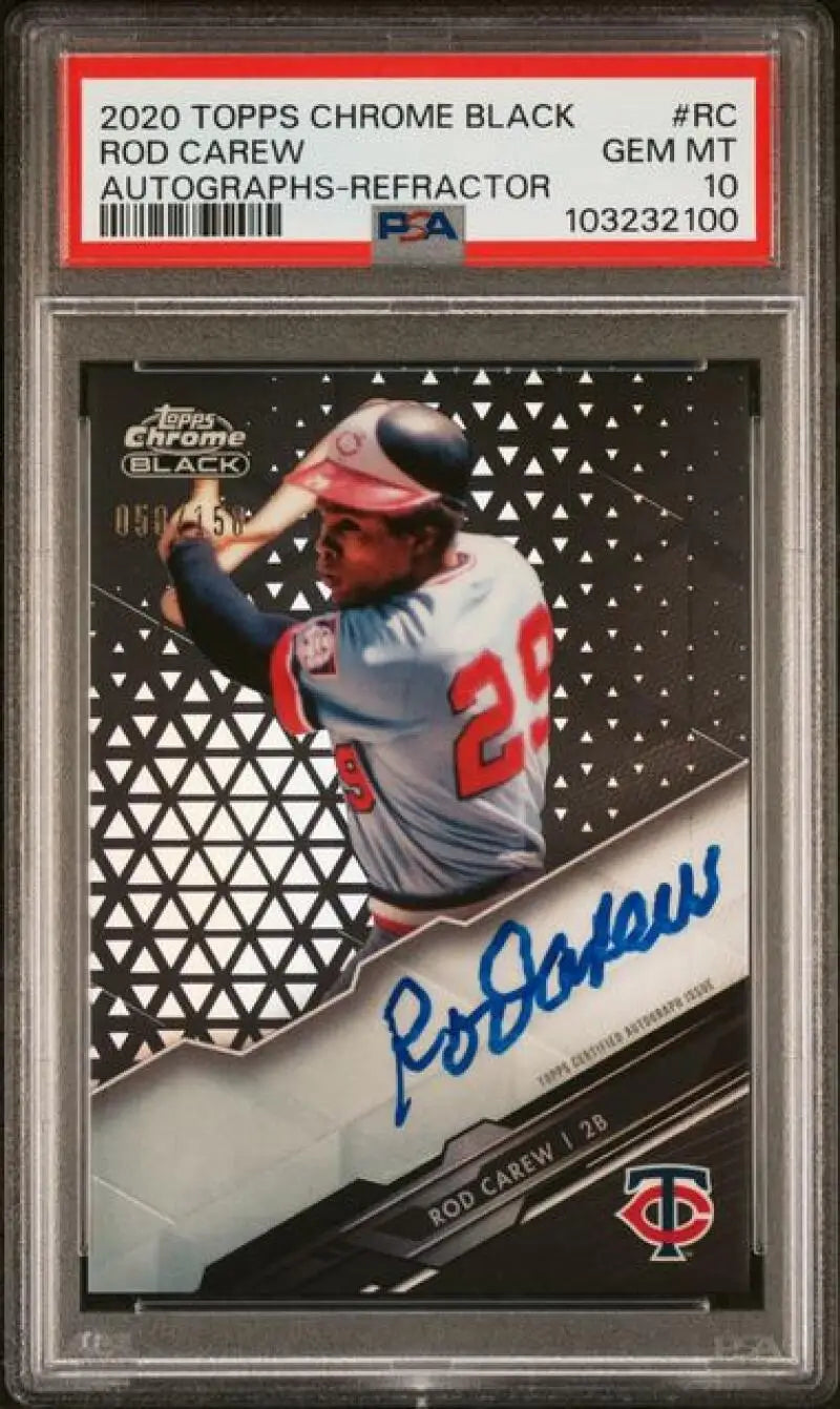 Graded Rod Carew autographed baseball card for Minnesota Twins collectors and fans