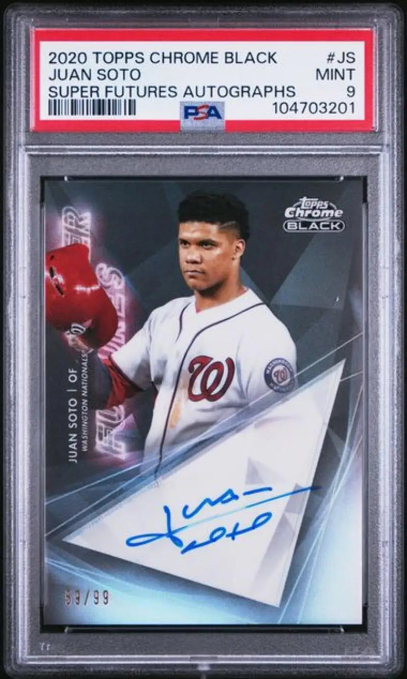 Graded Juan Soto baseball card from 2020 Topps Chrome Black Super Futures Refractor