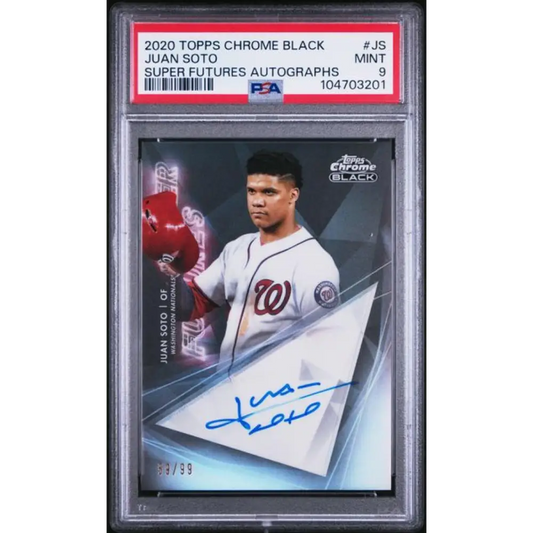 2020 Topps Chrome Black Super Futures Refractor #SFA-JS Juan Soto PSA 9 MINT Auto 59/99 Washington Nationals Baseball Card